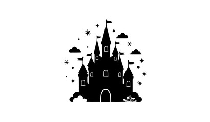 Fairytale Magic Castle Silhouette with Stars and Clouds Fantasy Kingdom Vector © MdSabbir