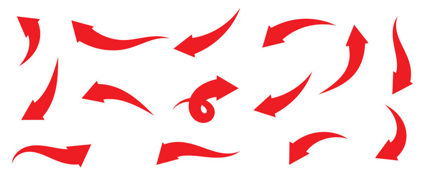 Red curved arrow set. Thin curved arrows on white background. Vector illustration curved arrow for road marking and traffic safety.