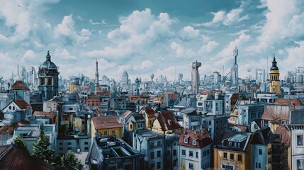 Fototapeta premium A sweeping panoramic view of a dense historic cityscape characterized by traditional architecture and under a dramatic cloudy sky