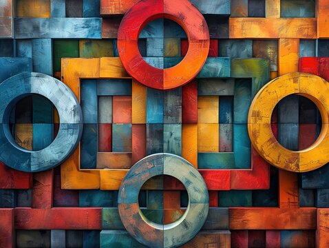 A vibrant abstract art piece featuring colorful geometric shapes and circles