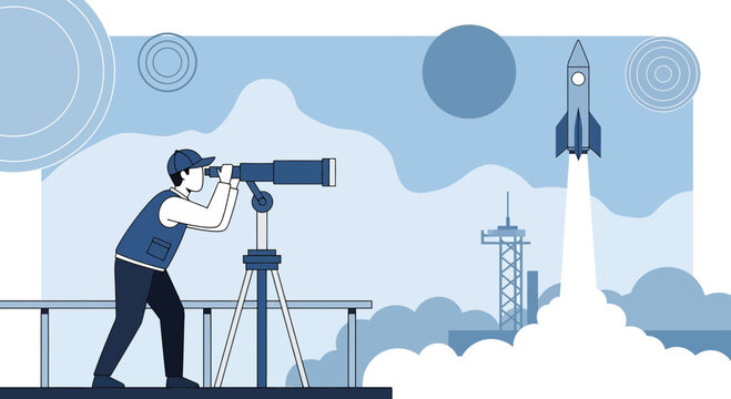 Conceptual exploration depicting a man observing rocket launch with a telescope reaching for the