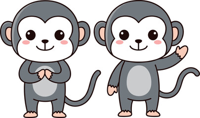 Cute monkey cartoon vector set featuring adorable standing and waving monkeys isolated animal character illustration collection © MdRazaul
