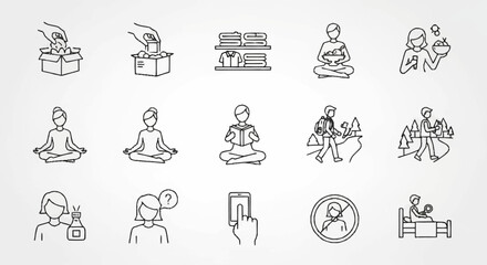 Fototapeta premium Icons depicting self-care practices and mental wellness strategies.