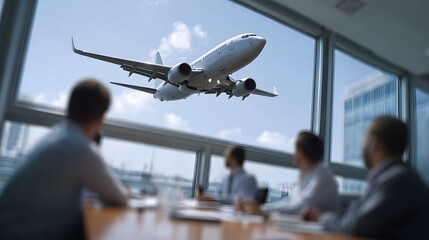 Naklejka premium Colleagues discuss corporate strategy in a modern office setting with an airplane taking flight outside the expansive window
