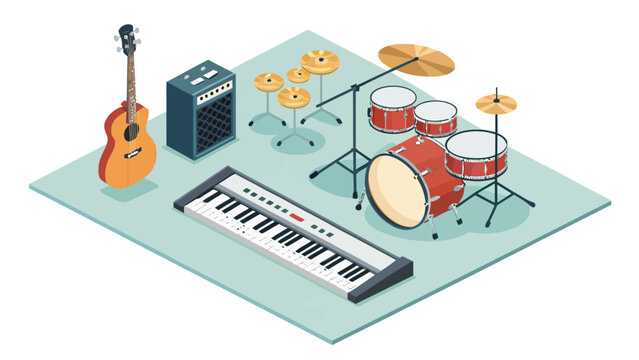 Isometric musical instruments set with 3d like illustration of guitar amplifier keyboard and drum kit on green background