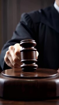 This captures a critical moment in a courtroom as a judge prepares to bang a gavel, signaling a verdict or adjournment in a trial.