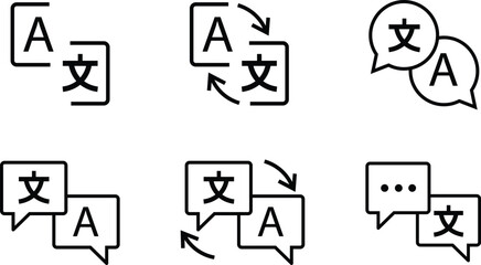 Language Translation Chat icons set. These icons are commonly used for website localization menus, translation apps, and customer support interfaces. © Rifat