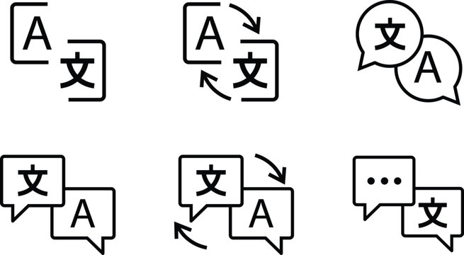 Language Translation Chat icons set. These icons are commonly used for website localization menus, translation apps, and customer support interfaces.