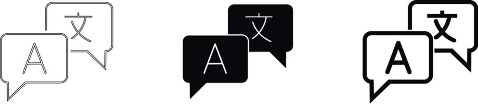 Translation speech bubble icons collection. These icons are commonly used for localization settings, translation services, and language selection menus in apps and websites.