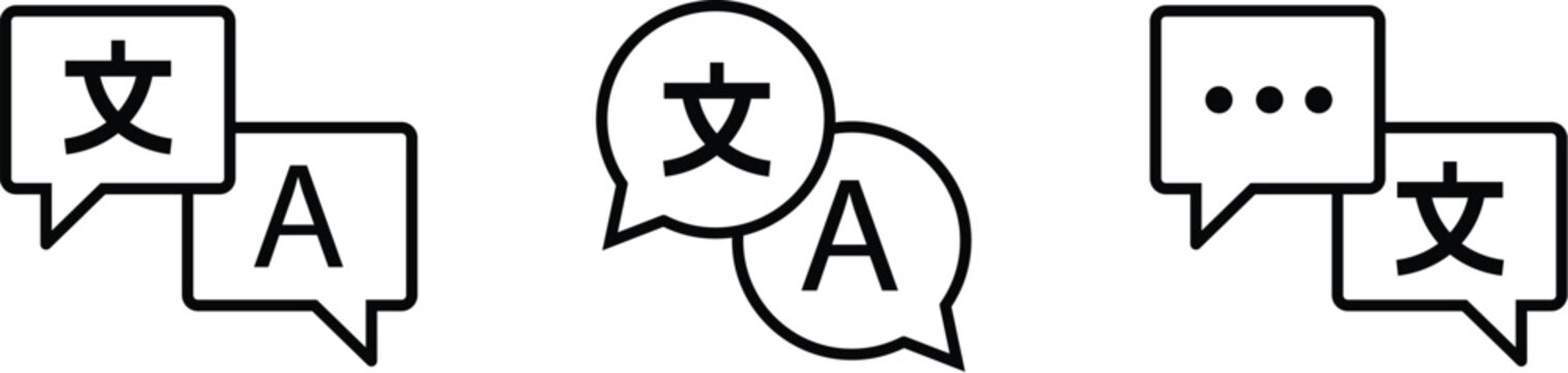 Language Translation outline icons set. These icons are commonly used for website localization menus, translation apps, and customer support interfaces.