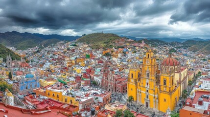 Naklejka premium Panoramic view of a colorful, historical city with church and buildings under a cloudy sky