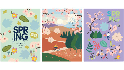 Obraz premium Spring season poster set with cherry blossoms and nature landscapes, floral vertical banners with people and cycling, pastel botanical vector illustrations