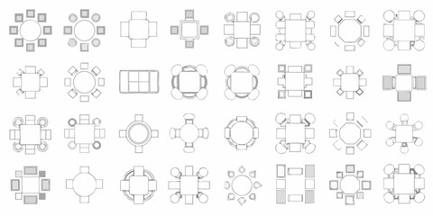 Obraz premium Various table arrangements displayed as top down architectural plans