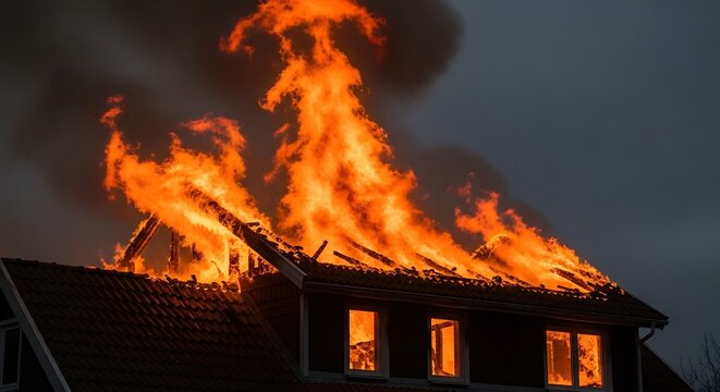 A house engulfed in flames, roof collapsing, with smoke against a dark, overcast sky