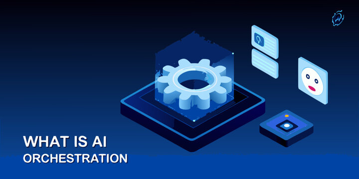 Abstract isometric illustration representing artificial intelligence orchestration concepts