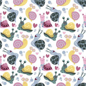 Cute snail seamless pattern with cartoon animals and hearts, kids playful background