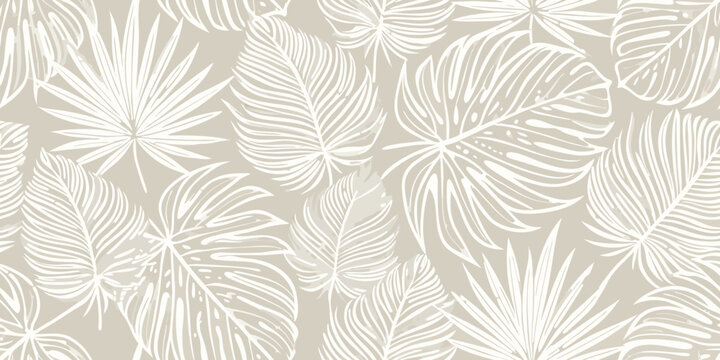 Elegant tropical monstera leaf pattern in neutral beige and white tones