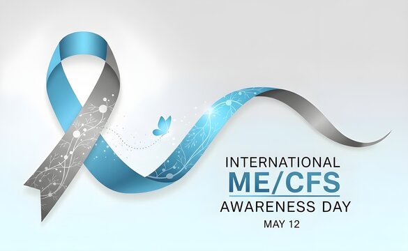 International me cfs awareness day graphic with blue gray ribbon 