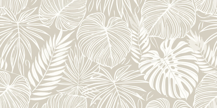 Elegant seamless pattern of tropical monstera and palm leaves