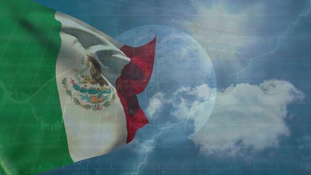 Animation of data processing and globe over flag of mexico