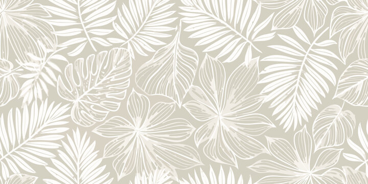 Elegant seamless pattern of tropical leaves in a neutral beige tone