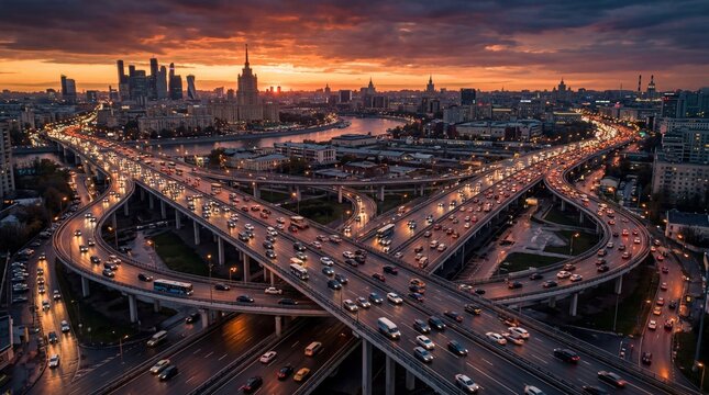 Aerial view of heavy car traffic moving on complex highway interchange in Moscow during sunset with city skyscrapers.