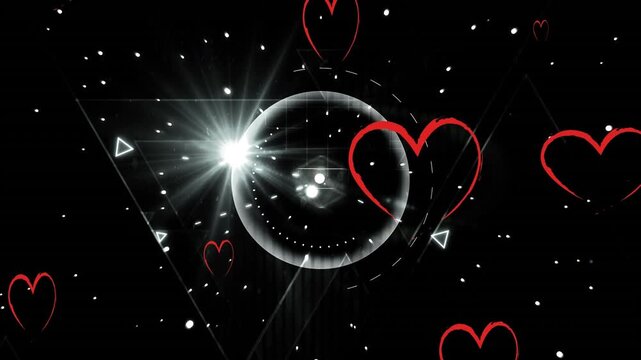 Animation of hearts floating over lights and globe on black background
