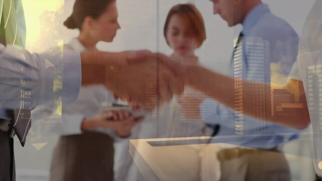 Composite video of mid section of businessman and businesswoman shaking hands against cityscape