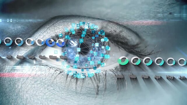 Animation of statistical data processing and globe of digital icons over close up of female eye
