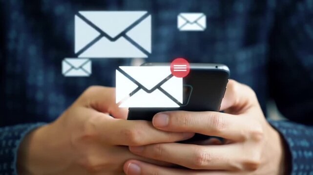 Hands Holding Smartphone Receiving Email Notifications, Digital Communication Concept, Stock Media
