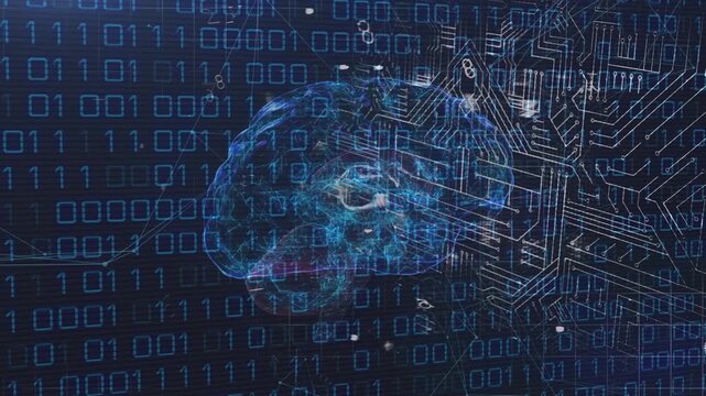 Animation of brain over binary code and integrated circuit on black background