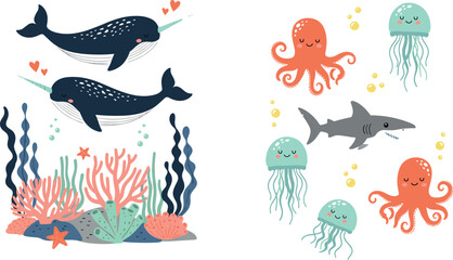 Cute ocean animals vector set featuring whales, jellyfish, octopus, shark and coral reef elements colorful underwater illustration collection © MdRazaul