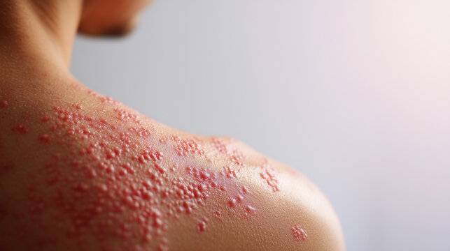 Close up of shoulder with heat rash and small red bumps, concept of skin irritation, allergy, summer heat and dermatology condition