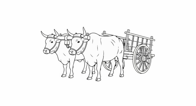 Two oxen are yoked to pull a wooden cart with spoked wheels