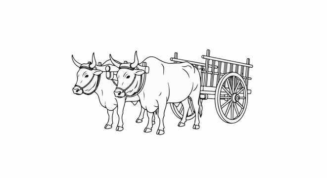 Two oxen pulling a rustic wooden cart on a white background