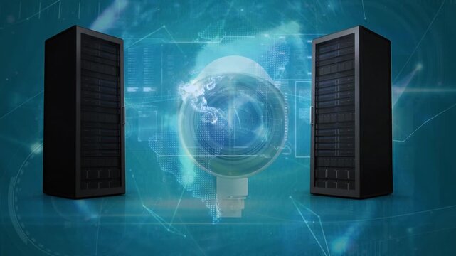 Animation of servers over globe and security camera on blue background