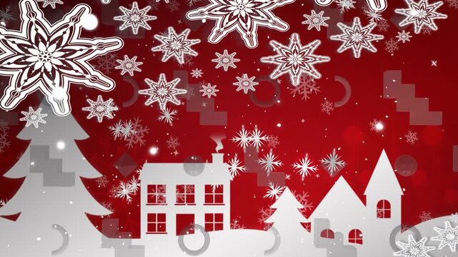 Animation of vector snowflakes falling on houses and christmas tree