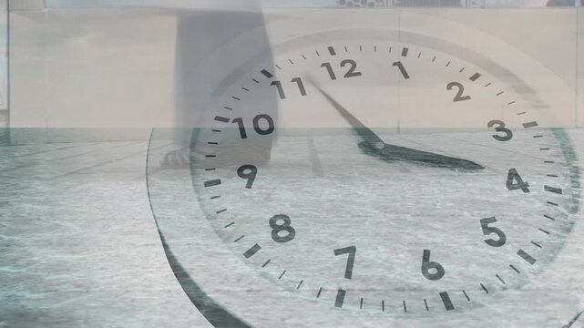 Animation of clock moving over people walking and nigeria