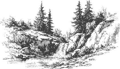 Obraz premium Rustic waterfall in forest landscape sketch flowing water, rocks, pine trees, natural scenery illustration