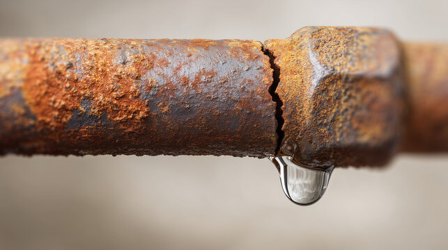 Severely corroded pipe with crack and water dripping, continuous leak showing damage and infrastructure failure