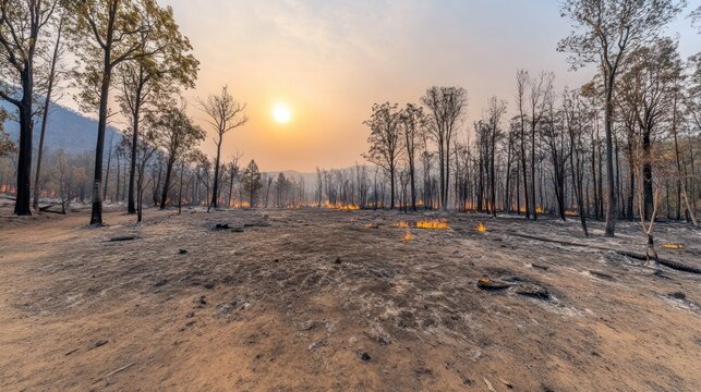Forest devastated by wildfire; smoldering embers, black trunks, and hazy sky at sunset