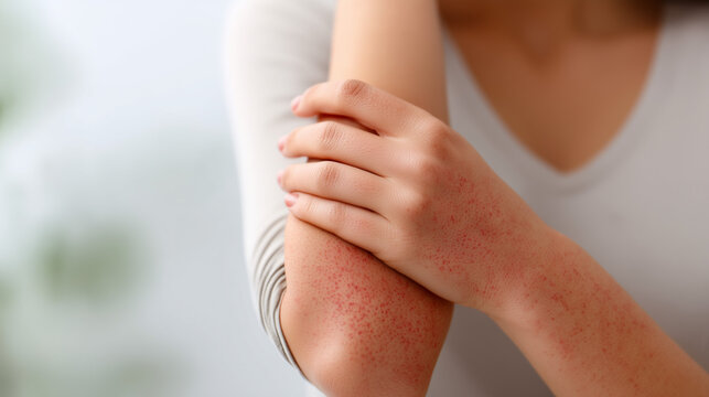 Red rash on elbow and hand with visible irritation, person touching affected area, concept of allergy, dermatitis and skin health problem