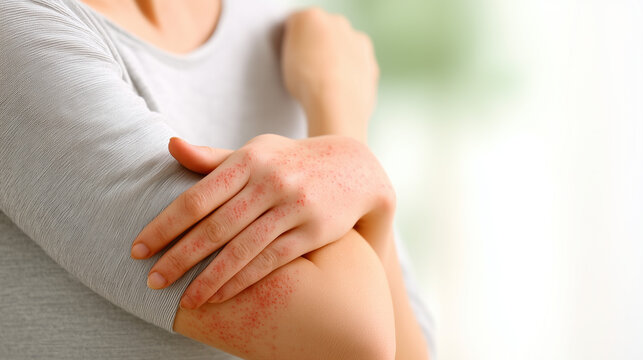 Woman touching elbow with red irritated rash spreading to hand, visible inflammation and discomfort, concept of dermatitis, allergy reaction and skin disease