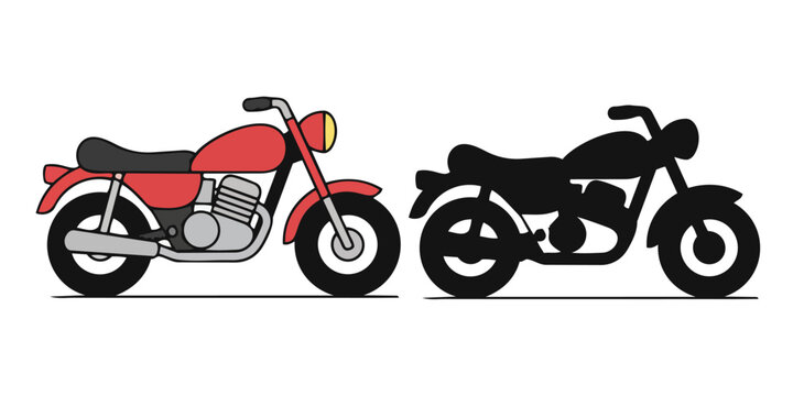 Classic red motorcycle illustration with black silhouette version isolated
