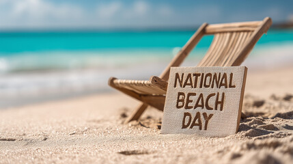Fototapeta premium Wooden beach chair with sign National Beach Day on sand, ocean background, concept of summer celebration and seaside отдых