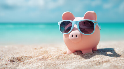 Piggy bank with sunglasses standing on sandy beach, ocean background, concept of travel savings, summer budget and vacation planning