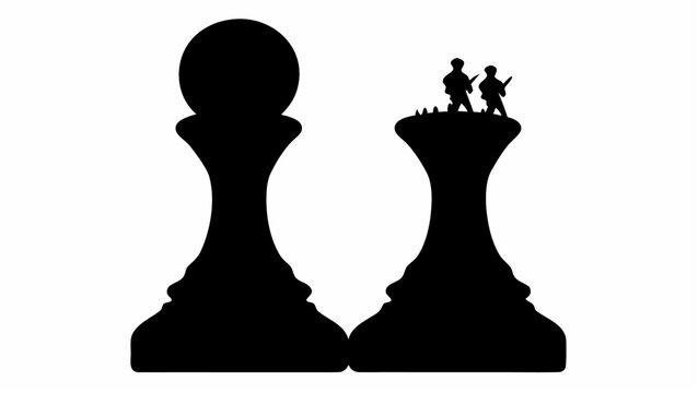 Silhouette of two chess pieces with people on one symbolizing strategy and conflict on a battlefield