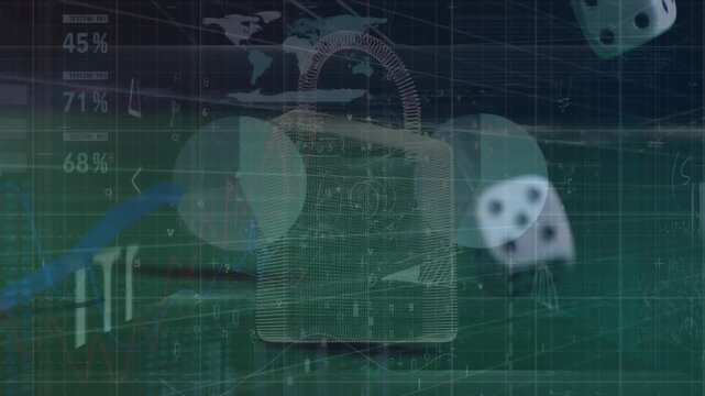 Animation merges finance data and dice on a digital padlock and table.