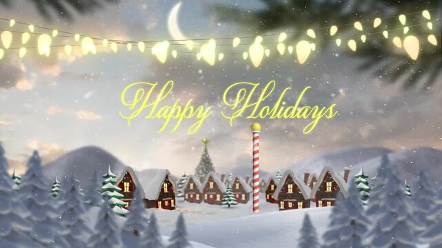 Animation of happy holidays text over winter scenery