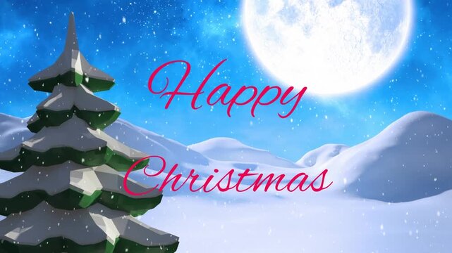 Animation of snow falling over happy christmas text banner on winter landscape against night sky
